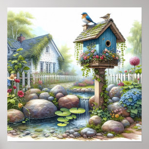 Poster Cottagecore Casa de Pássaros Jardim Aquarela