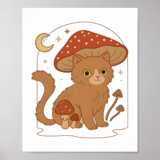 Poster Cottagecore Mushroom Cat with Hat – Cute Vintage G