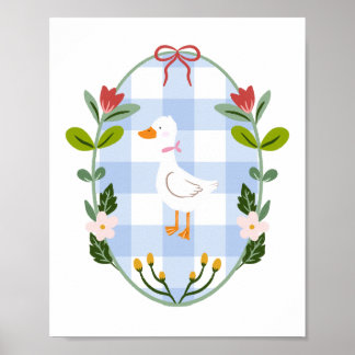 Poster Cottagecore White Duck Illustration - Blue Gingham