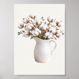 Poster Cotton Flowers in White Pitcher Botanical Farmhous