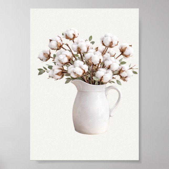 Poster Cotton Flowers in White Pitcher Botanical Farmhous (Frente)