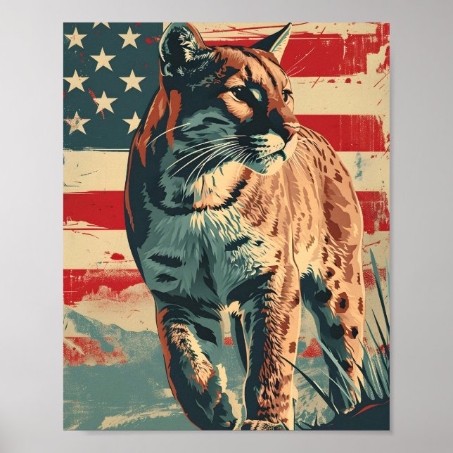 Poster Cougar Mountain Lion American Flag Vintage (Frente)