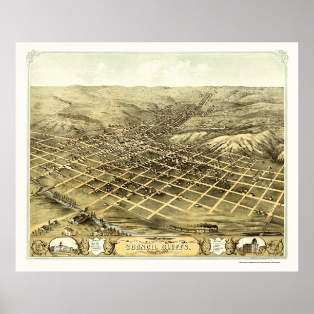 Poster Council Bluffs, IA Panorâmica Map - 1868 (Frente)