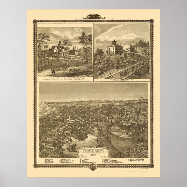 Pôster Council Bluffs, IA Panorâmica Map - 1875 (Frente)