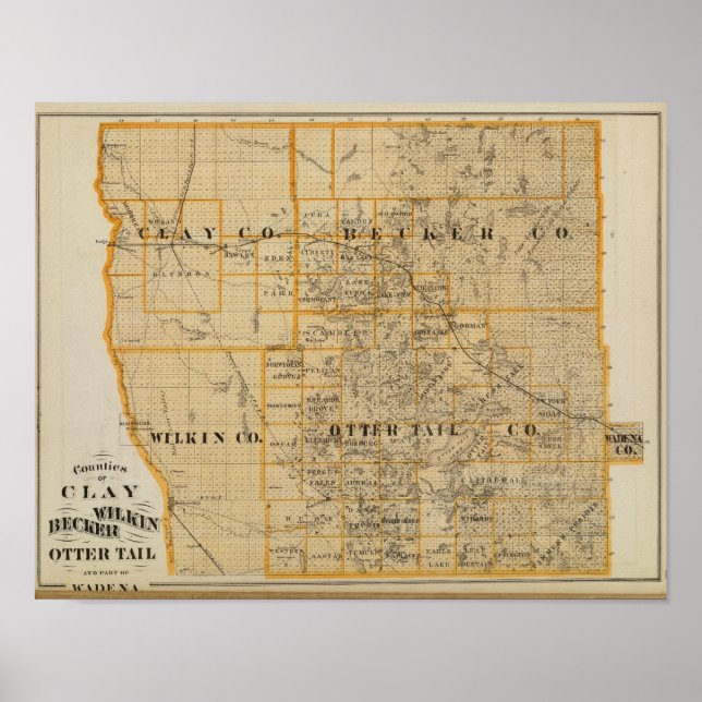 Pôster Counties of Clay, Wilkin, Becker, Minnesota (Frente)