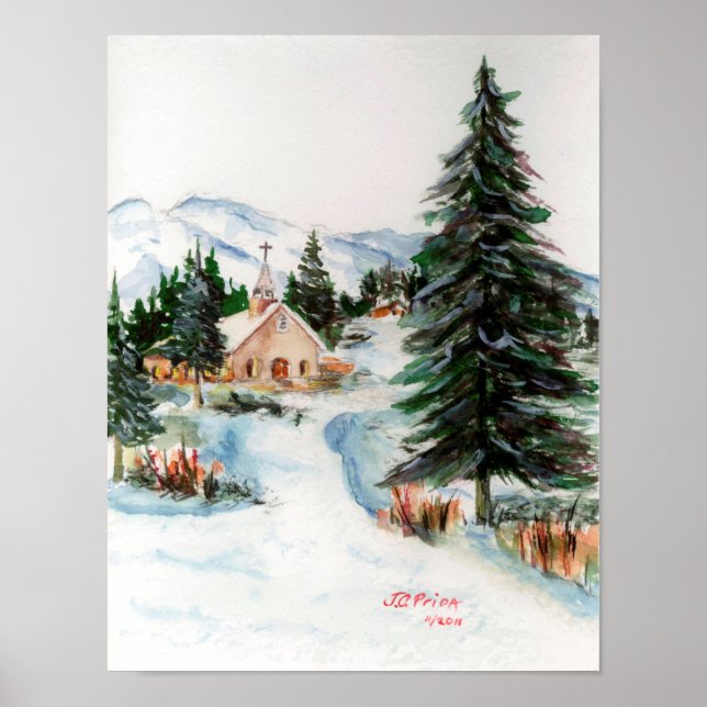 Pôster Country Church in Winter Watercolor Mountain Scene (Frente)