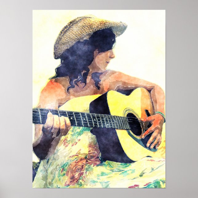 Pôster Country Girl with Acoustic Guitar Water Color (Frente)