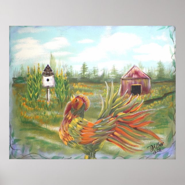 Poster Country Rooster na pintura de Fazenda (Frente)