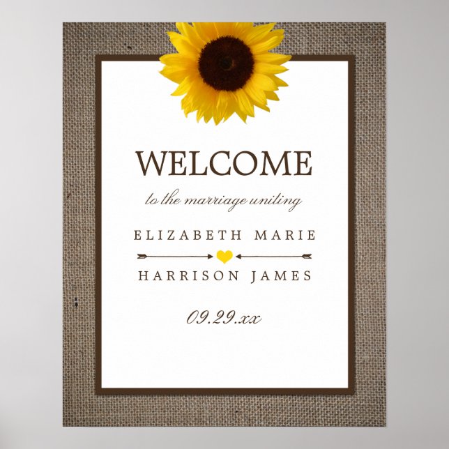 Poster Country Rustic Sunflower & Burlap WedWelcome (Frente)