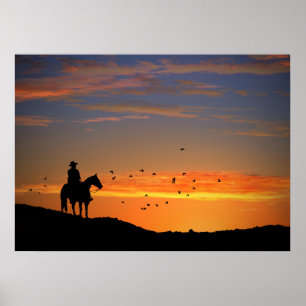 Poster Country Western Cowboy and Horse em Sunset