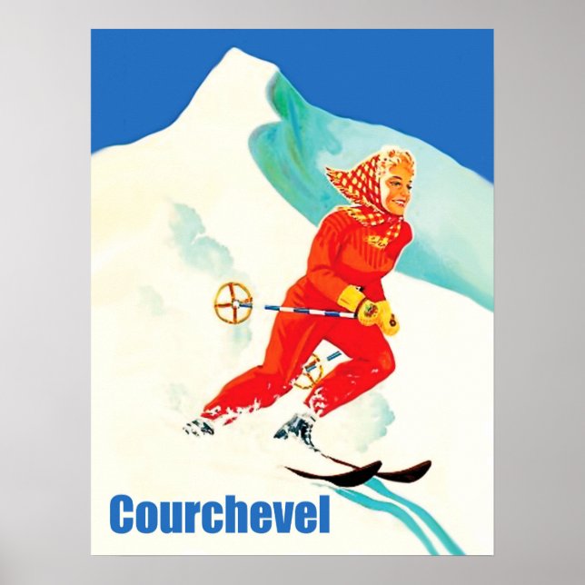 Poster Courchevel, mulher na pista de esqui, França, Vint (Frente)