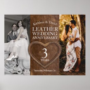Poster Couro 3º aniversário de casamento coração festa