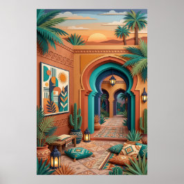 Poster Courtyard Sunset Art - Boho Turquoise Arches Palm