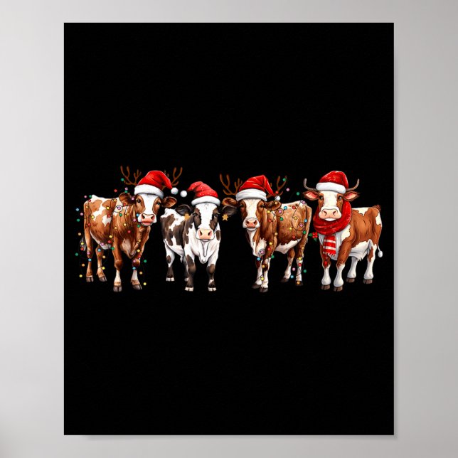 Poster Cow Reindeer Santa Hat Christmas Light Funny Cows  (Frente)