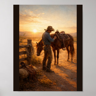 Poster Cowboy adjusting saddle at sunrise