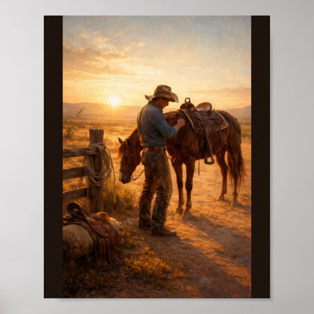 Poster Cowboy adjusting saddle at sunrise (Frente)