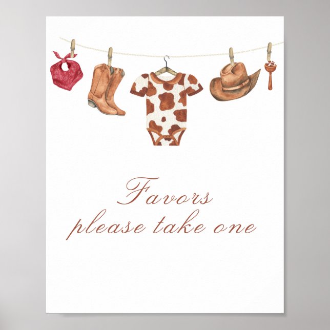 Poster Cowboy baby shower - favors, please take one (Frente)
