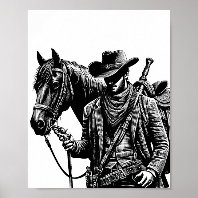 Poster Cowboy com ilustração equina arte ocidental (Frente)
