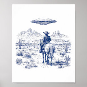 Poster Cowboy Correndo Cavalo Ufo Acima do Deserto Cactus