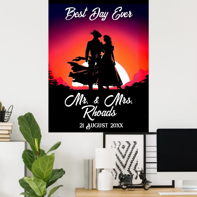 Poster Cowboy e noiva no casamento do sol (Escritório em casa)