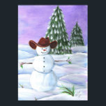 Pôster Cowboy Snowman<br><div class="desc">Rustic illustrated picture of a  Cowboy Snowman in mounds of snow with snow covered pines,  evergreens and purple sunset in the background.</div>