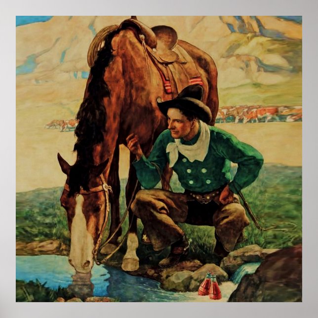 Poster Cowboy Vigiando seu cavalo pelo NC Wyeth (Frente)