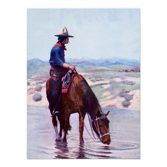 Pôster Cowboy Watering Horse por W Herbert Dunton (Frente)