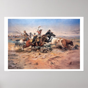 Pôster Cowboys a ropar um boi, 1897 (óleo na canvas)