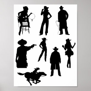 Poster Cowboys do oeste do campo rodeo silhouettes