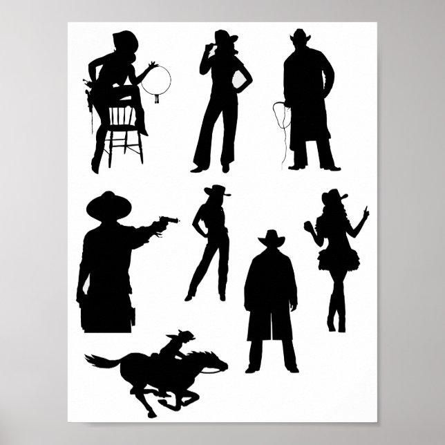 Poster Cowboys do oeste do campo rodeo silhouettes (Frente)
