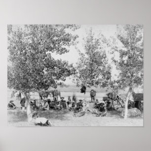 Poster Cowboys Eating Dinner on Ground Under Trees