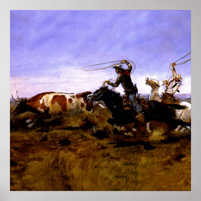 Poster “Cowboys Roping a Steer” de Charles M Russell (Frente)