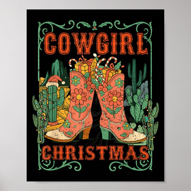 Poster Cowgirl Christmas Boots Cactus Retro Western Holid (Frente)
