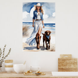 Poster Cowgirl Costeira com uma Aquarela Canina