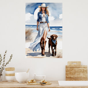 Poster Cowgirl Costeira com uma Aquarela Canina