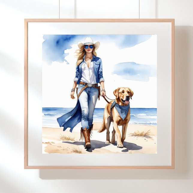 Poster Cowgirl costeira de Denim com um cachorro na praia (Coastal cowgirl in denim walking on the beach with a dog)