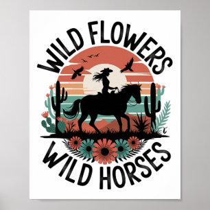 Poster Cowgirl Horseback Andando em Flores Selvagens Meni