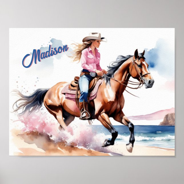 Poster Cowgirl Horseback Andando na praia pelo Ocean Cust (Frente)