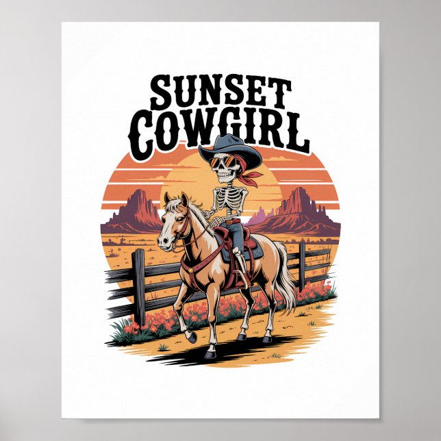 Poster Cowgirl Sunset Skeleton Riding Horse (Frente)