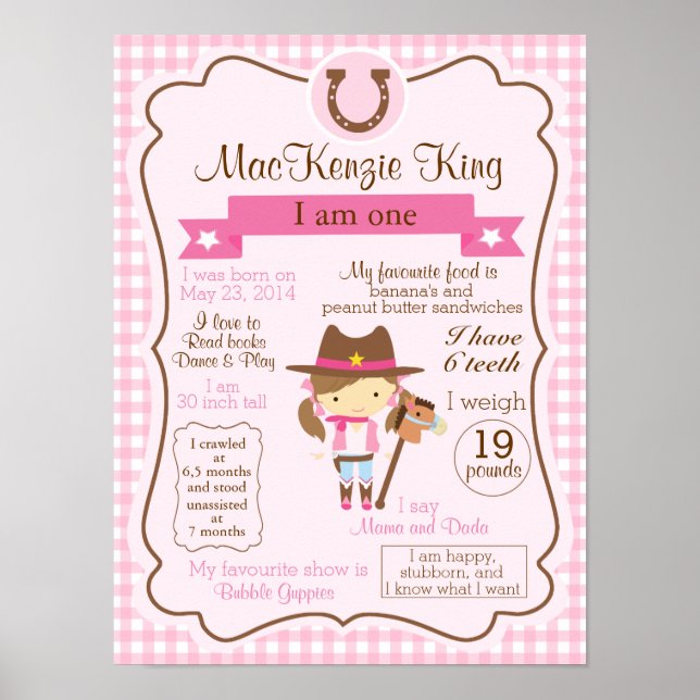 Pôster CowGirl, um ano, assina para sua aniversariante (Frente)