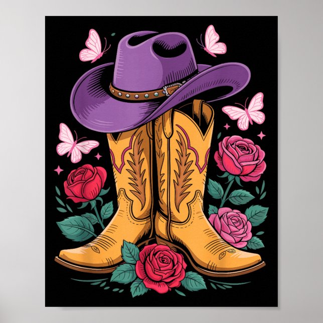 Poster Cowgirl Western Cowboy Hat Boots With Roses Countr (Frente)
