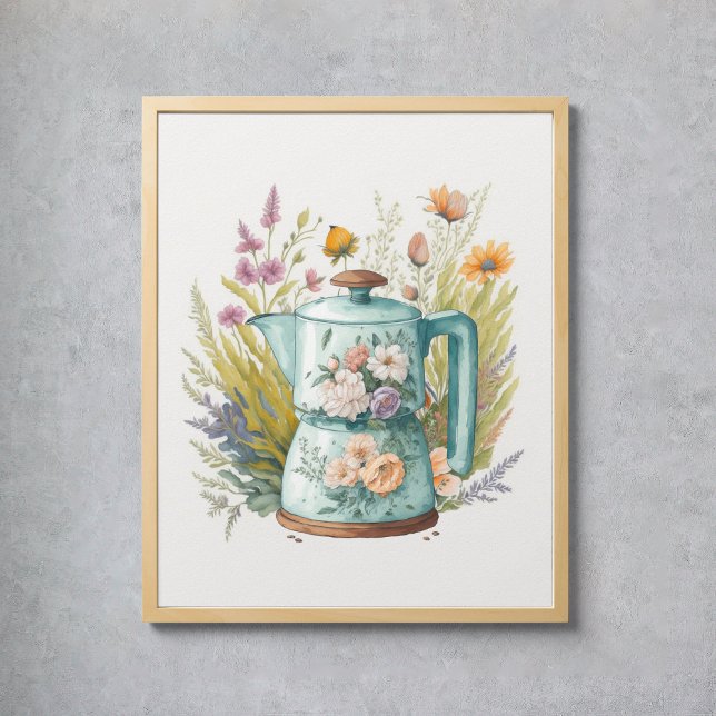 Poster Cozinha Café Floral Cozinha Aquarela Boho Botânico (Floral Coffee Kitchen Watercolor Botanical Boho Poster
)