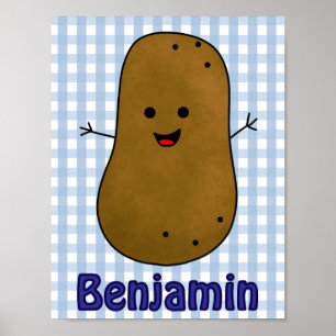 Poster Cozinha Feliz de Batata Azul-Gingham Personalizado