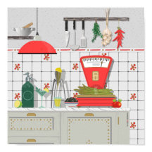 cozinha italiana com escala vermelha e espargos