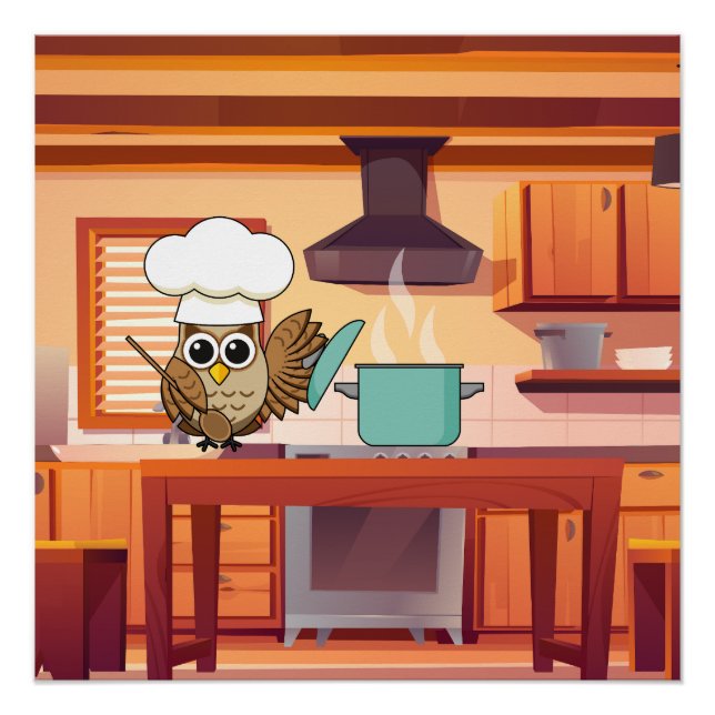 Pôster Cozinhar de coruja de chef em cozinha (Frente)