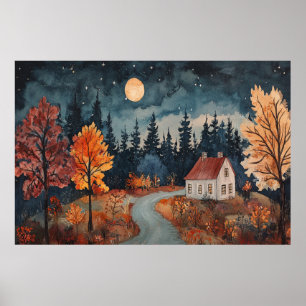 Poster Cozy Autumn Night Cotage Watercolor Fall Art