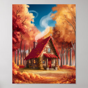 Poster Cozy Cabin na Floresta do outono