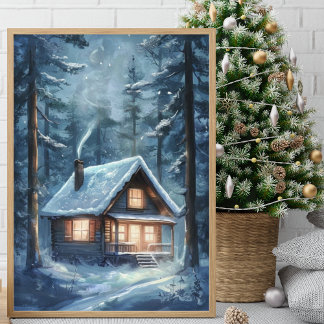 Poster Cozy Cabin Nestled in in the Snowy Forest