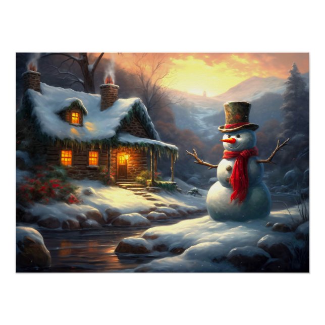 Pôster Cozy Christmas Cottage & Snowman | Vintage Winter (Frente)