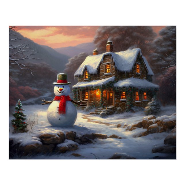 Pôster Cozy Christmas Cottage & Snowman | Vintage Winter (Frente)